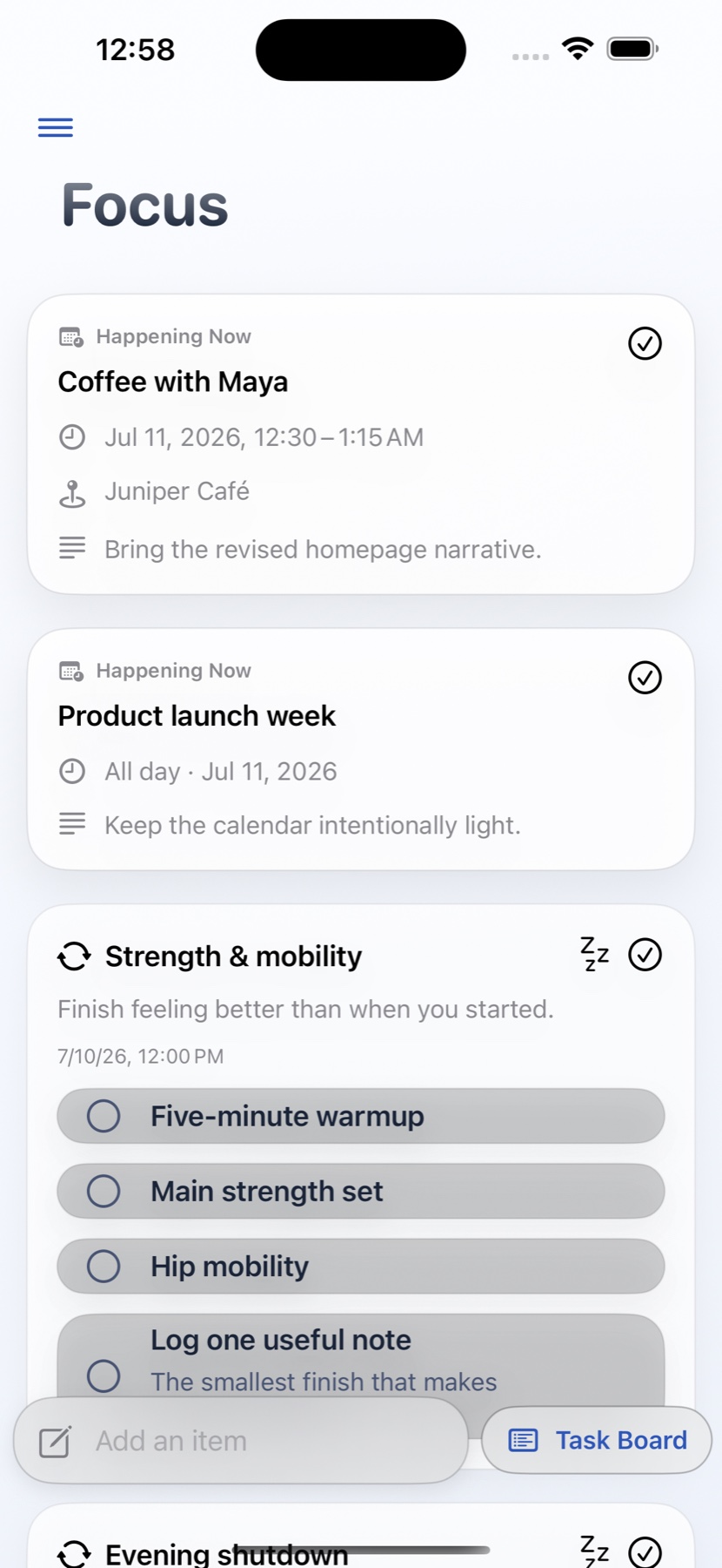 Orgeni Focus view combining current events and routines