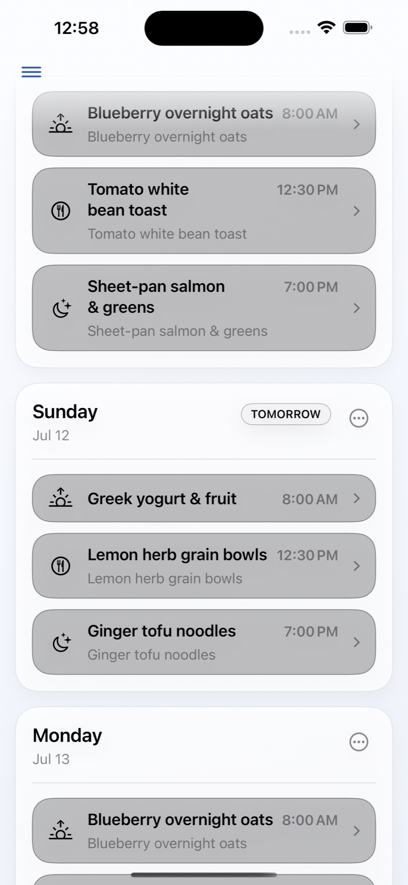 A multi-day Orgeni meal plan with breakfast, lunch, and dinner